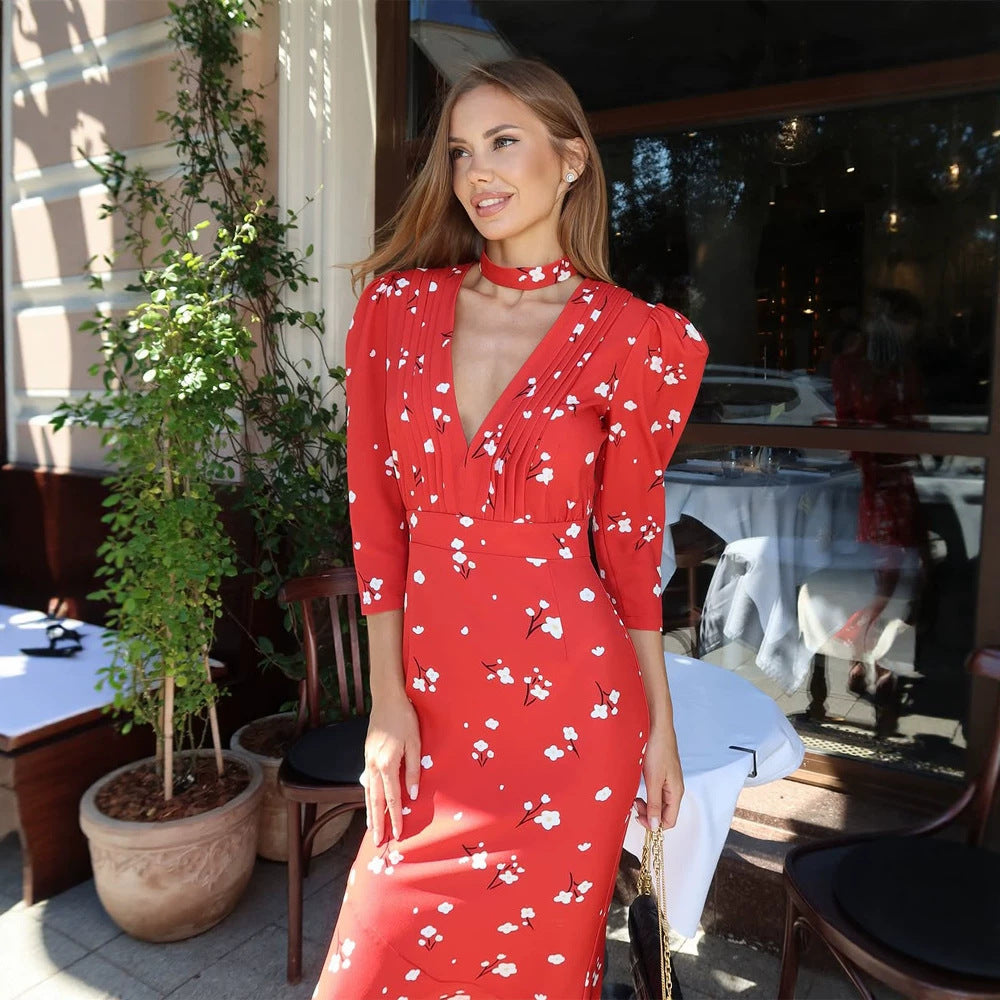 Women's vintage-inspired maxi dress with puff sleeves, fitted silhouette, and pleated neckline Amarae