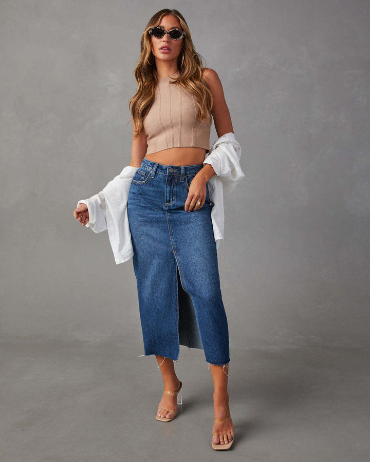 Women's high-cut denim mid skirt with side slit and frayed hems Lune London