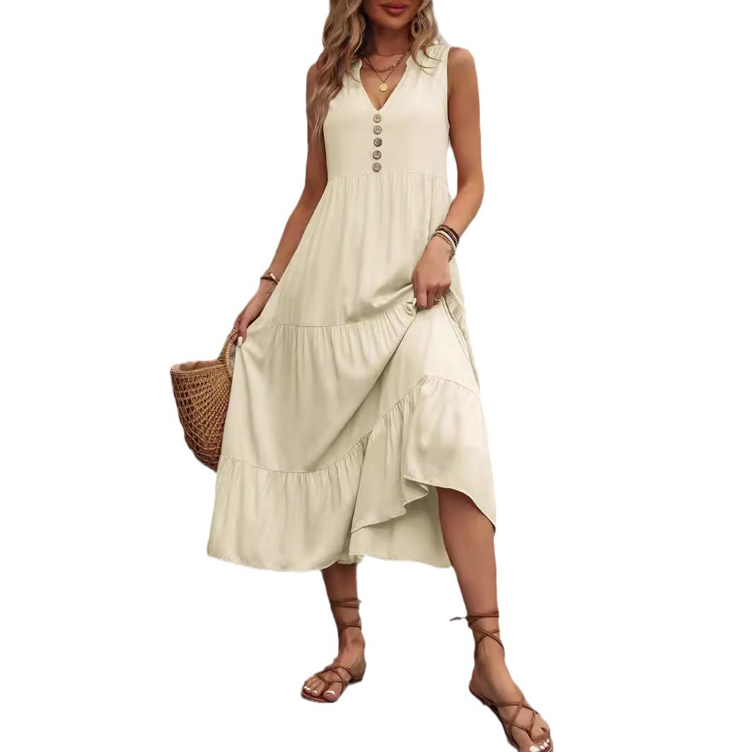 Midi dress for women with V-neck and decorative buttons Lune London