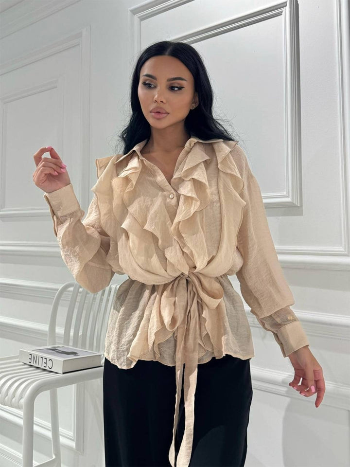 Women's Ruffled Chiffon Blouse with Ties and Ruffles Around
