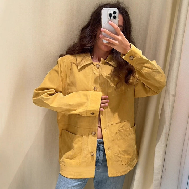 Women's Oversized Cotton Worker Jacket with Patch Pockets Amarae
