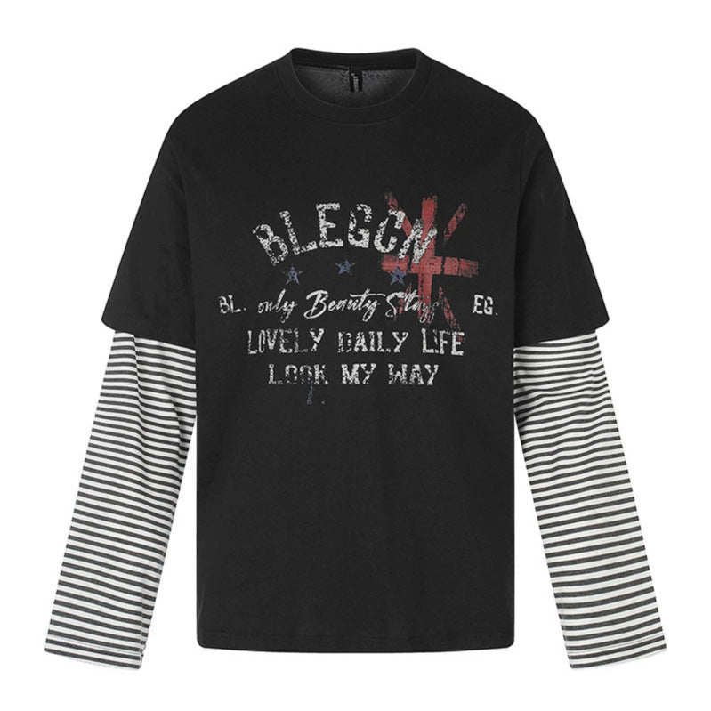 Women's Layered Long Sleeve Shirt with Striped Insert Sleeves and Vintage Print Amarae