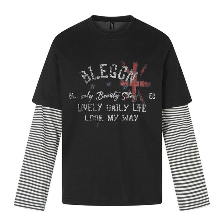 Women's Layered Long Sleeve Shirt with Striped Insert Sleeves and Vintage Print Amarae