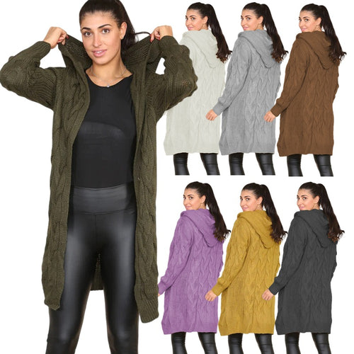 Ladies Chunky Knit Hoodie-Coat with Braid Design and Deep Pockets Amarae