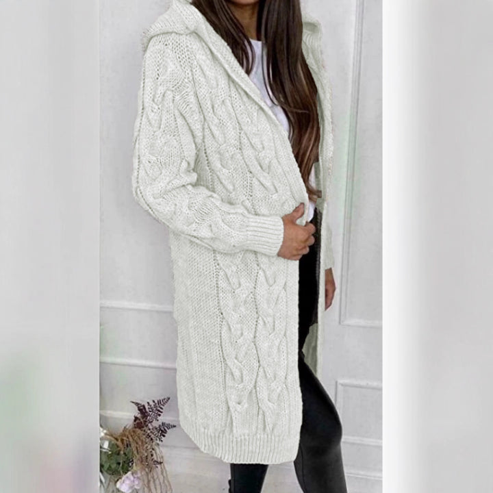 Ladies Long Knit Coat with Textured Braid Design and Practical Hood Lune London