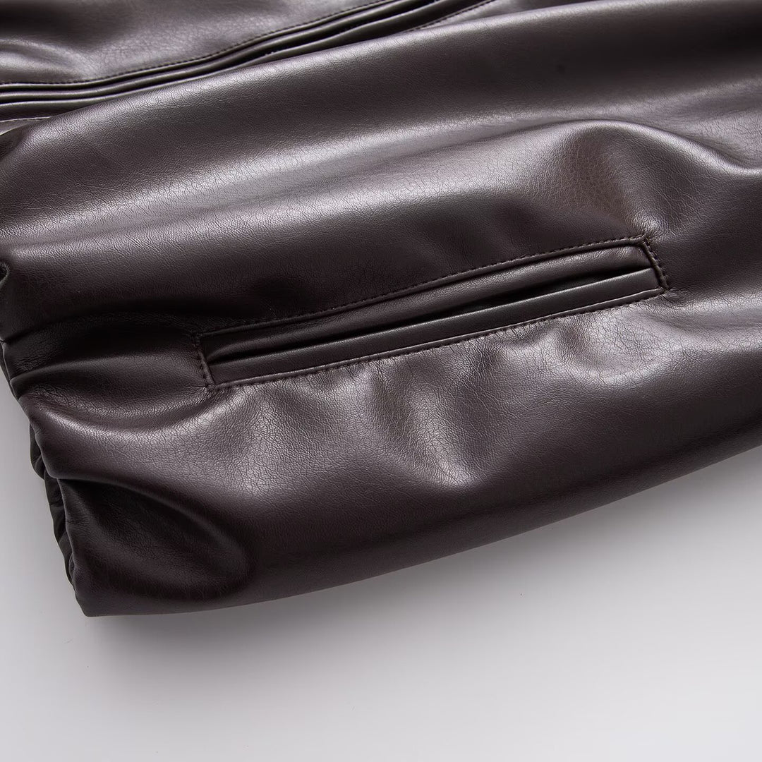 Women's Oversized Faux Leather Blouson Jacket with Collar, Zipper and Elastic Hem Amarae