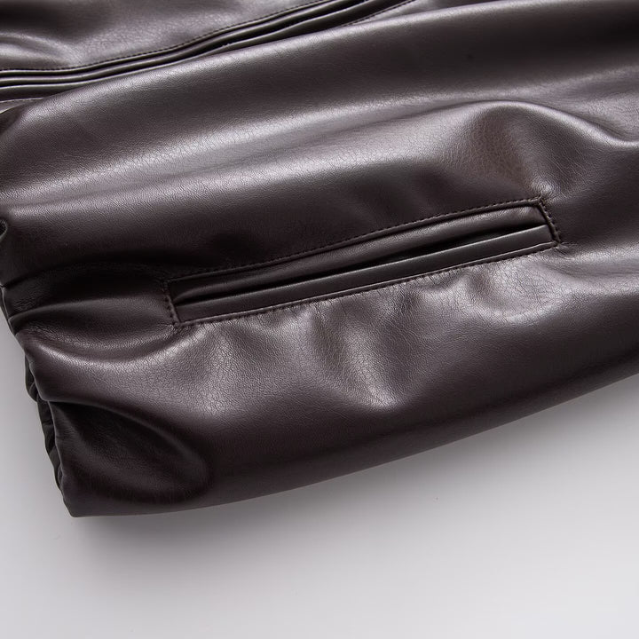 Women's Oversized Faux Leather Blouson Jacket with Collar, Zipper and Elastic Hem Amarae
