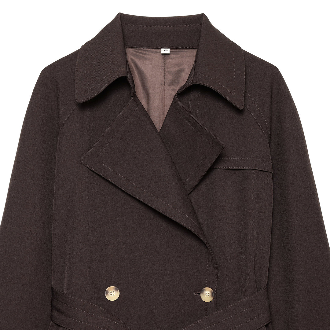 Women Mid-length Double-breasted Trench Coat with Wide Lapels and Waist Tie Belt Amarae
