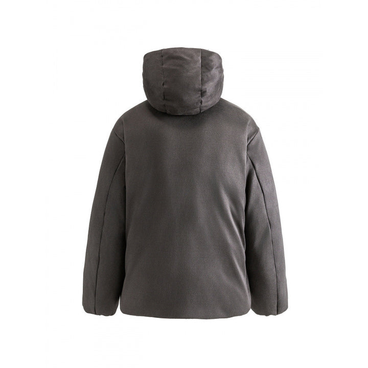 Unisex Padded Hooded Jacket in Boxy Cut with High Shawl Collar and Kangaroo Pockets Amarae