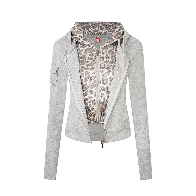 Women's Layered Look Zip Hoodie with Metallic Leopard Lining and Slim Silhouette Amarae