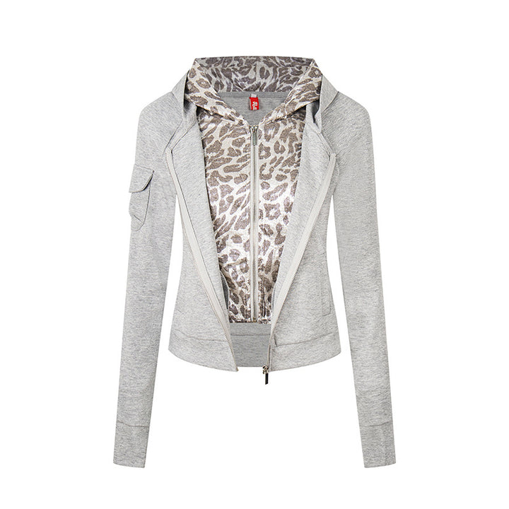 Women's Layered Look Zip Hoodie with Metallic Leopard Lining and Slim Silhouette Amarae