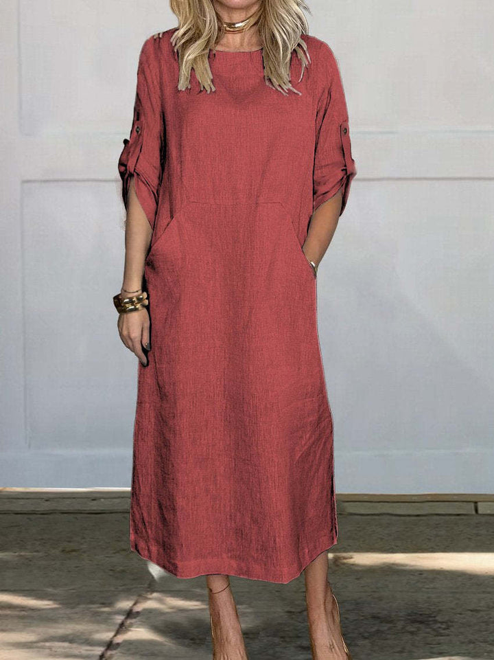 Lune London Long Casual Dress with Long Sleeves for Women with Practical Pockets and Roll-Up Sleeves