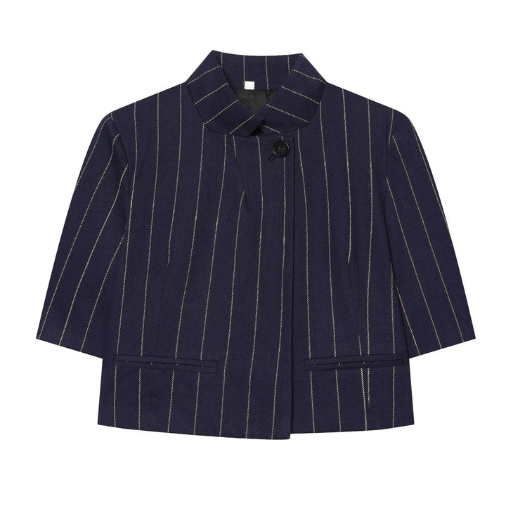 Ladies short blazer in boxy cut with stand-up collar and pinstripes Amarae