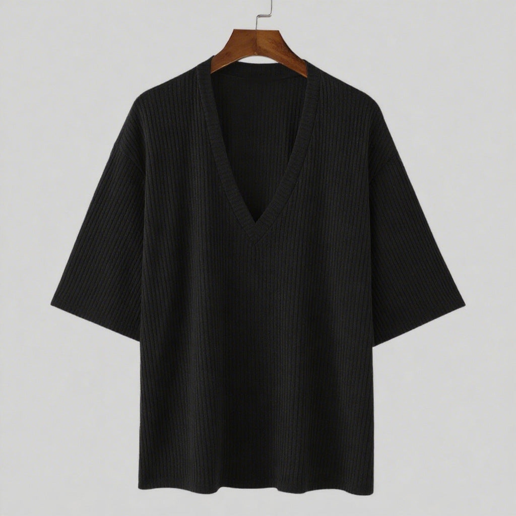 Oversized V-neck T-shirt for women in textured cotton material Lune London