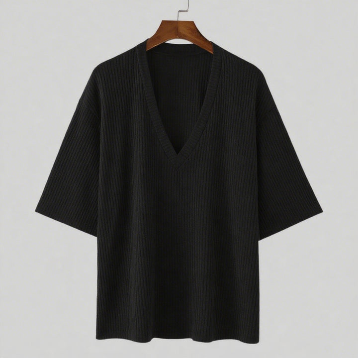 Oversized V-neck T-shirt for women in textured cotton material Lune London