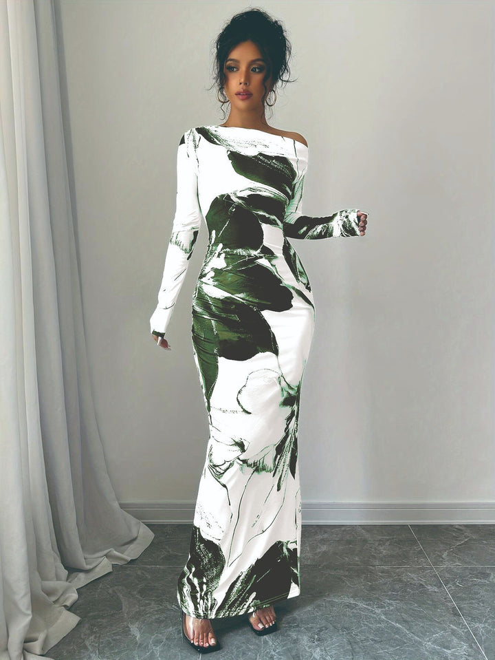 Ladies Elegant Maxi Dress with asymmetrical neckline and floral design Lune London
