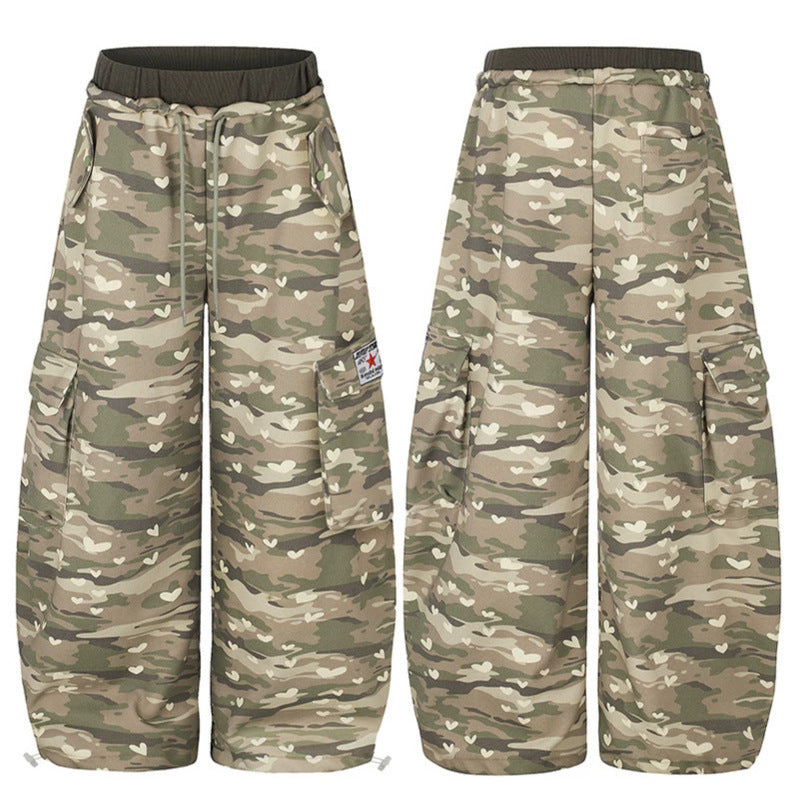 Women's Wide Cargo Pants with Heart Camouflage, Drawstring Waistband and Generous Pockets Amarae