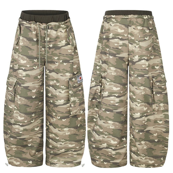 Women's Wide Cargo Pants with Heart Camouflage, Drawstring Waistband and Generous Pockets Amarae