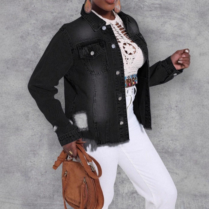 Women's Distressed Denim Jacket with Frayed Hem and Relaxed Fit Amarae