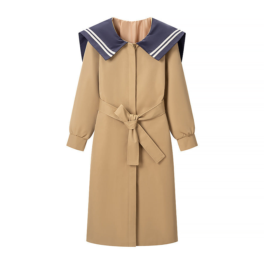 Women's trench coat with oversized sailor collar, waist belt, and concealed button placket Amarae