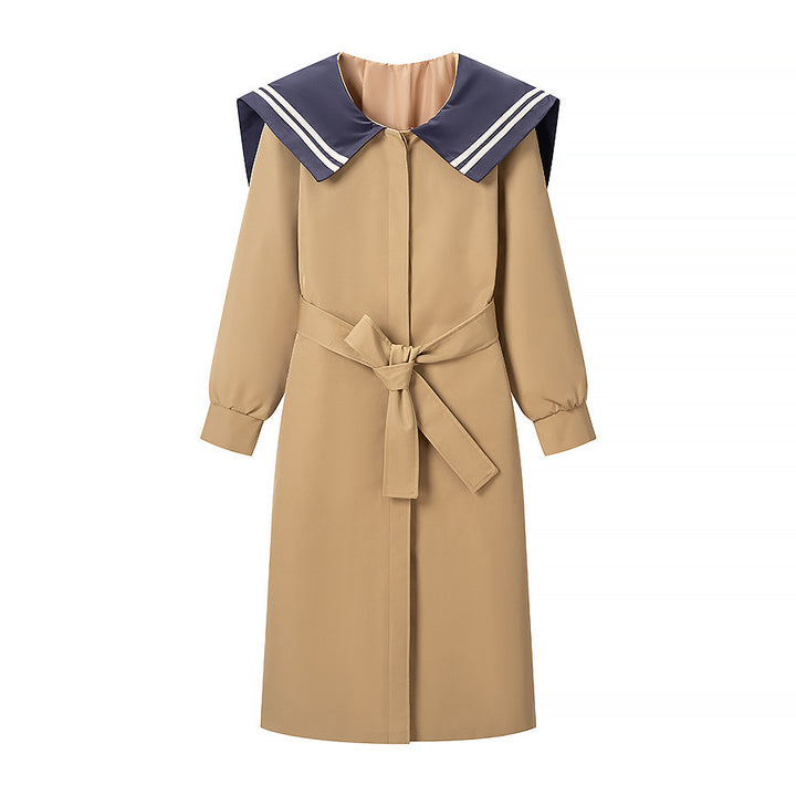 Women's trench coat with oversized sailor collar, waist belt, and concealed button placket Amarae