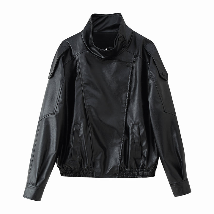 Trendy faux leather jacket for women with structured collar Lune London