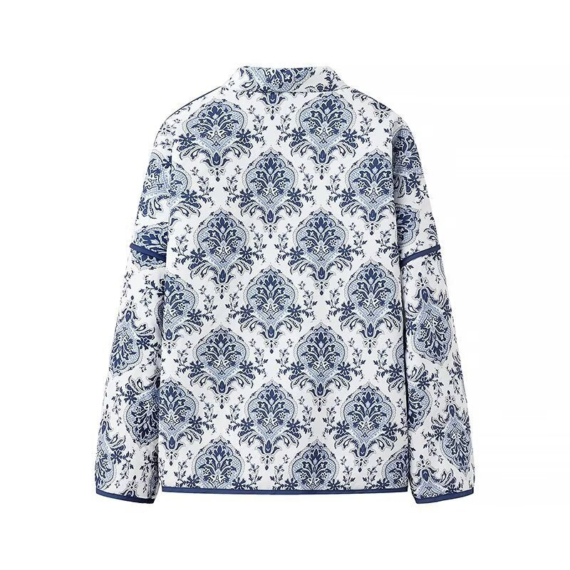 Women's Padded Kimono Jacket with Ornamental Print, Contrasting Trim and Waist Belt Amarae