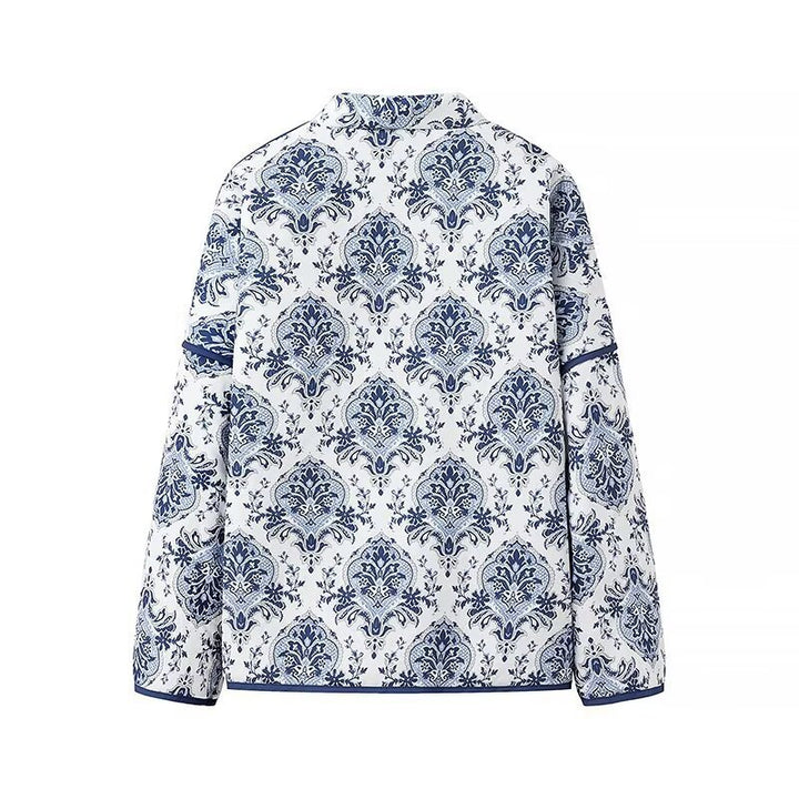 Women's Padded Kimono Jacket with Ornamental Print, Contrasting Trim and Waist Belt Amarae