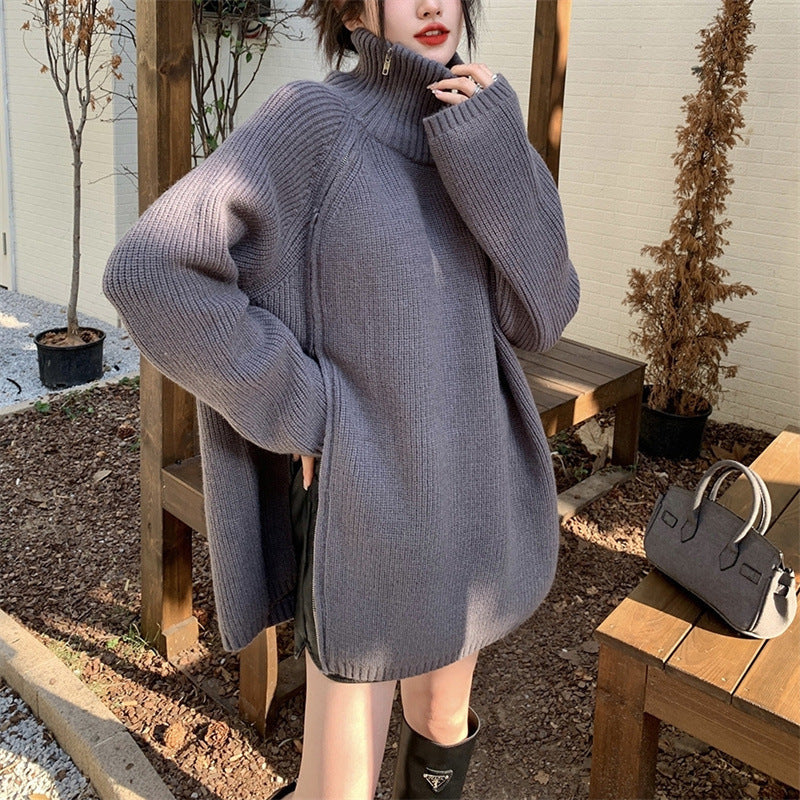 Sweater oversized à col roulé pour femmes avec fermeture éclair latérale et design côtelé Chic & Stil