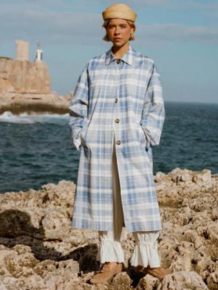 Women's Checked Lightweight Trench Coat with Mid-Length Oversized Silhouette Amarae