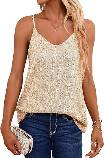 Women's Sparkling Spaghetti Strap Top with V-Neck and Shimmering Details Lune London