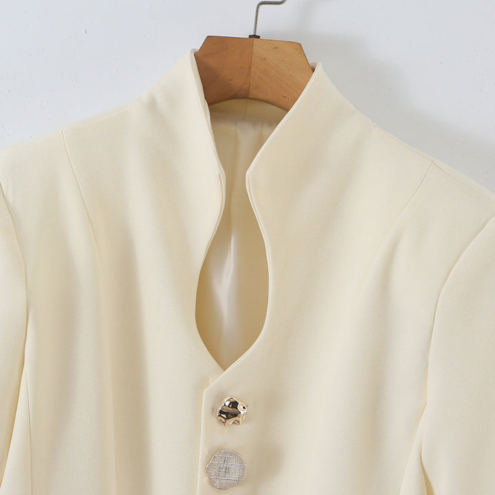 Women's Tailored Peplum Blazer with Stand Collar and Decorative Button Placket Amarae