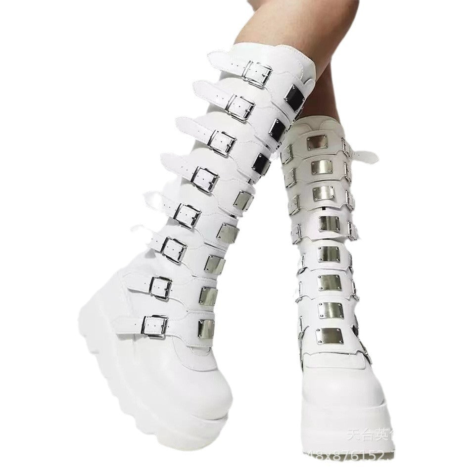 Women's platform knee-high gothic biker boots with multiple buckles and metal plates Amarae