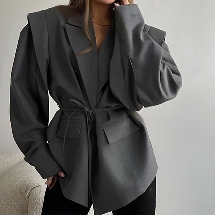 Ladies Tailored Wrap Blazer with Shoulder Pads and Tying Belt Amarae
