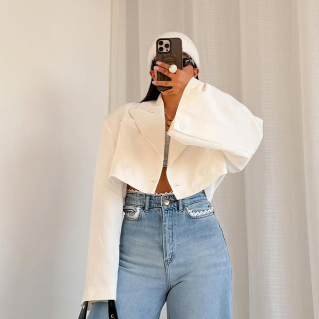 Women Cropped Boxy Short Blazer with Boxy Silhouette and Extra Long Sleeves Amarae