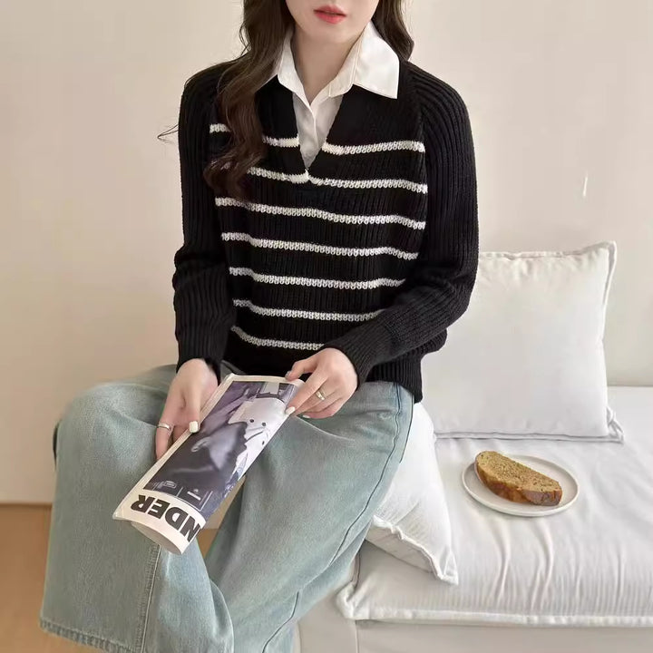 Knit sweater for women with V-neck and striped design Lune London