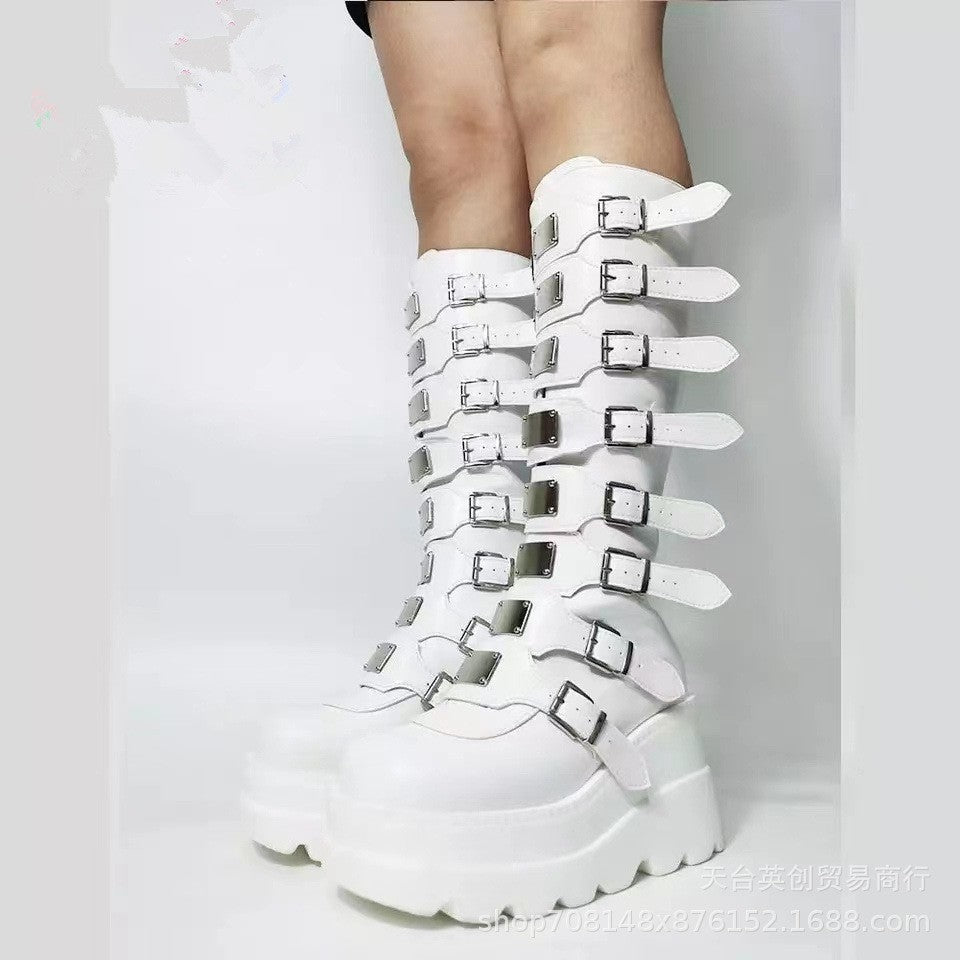Women's platform knee-high gothic biker boots with multiple buckles and metal plates Amarae