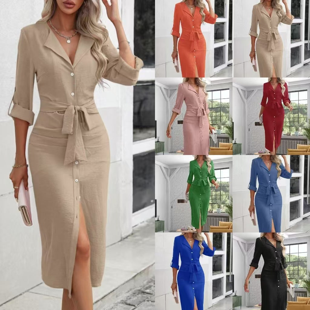 Mid-length dress for women with button closure and belt at the waist Lune London