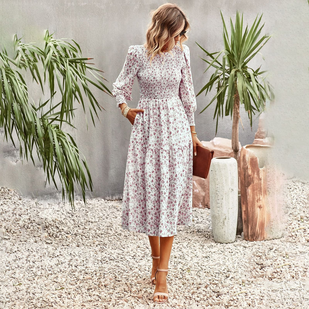 Women Floral Midi Dress with Gathered Waist and Long Sleeves Lune London