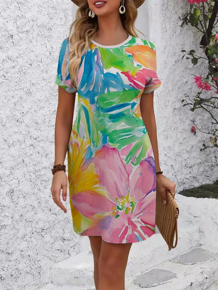 Women's comfortable casual dress with vibrant floral pattern and loose fit Lune London