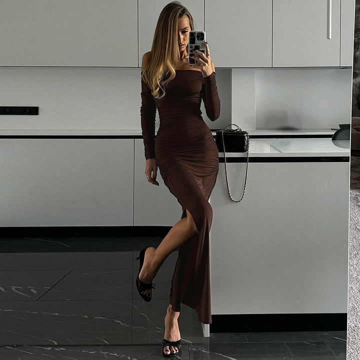 Maxi fitted dress for ladies with gathers and elegant slit Lune London