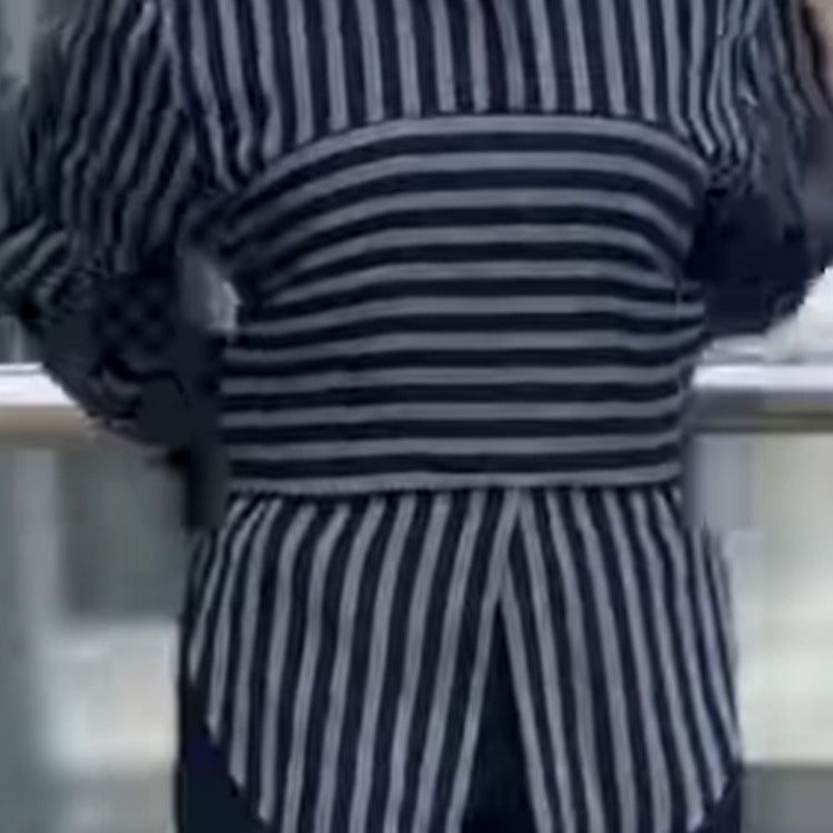 Women Striped Shirt Blouse with Waist Belt, Longer Hem and Side Slit Amarae