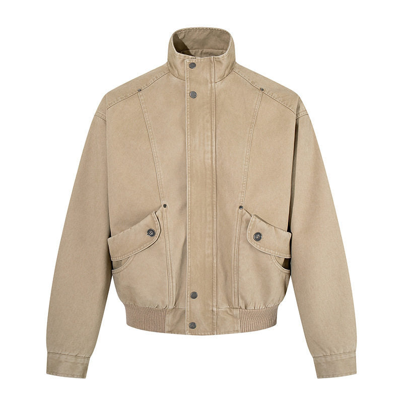 Men's short-cut utility bomber jacket made of cotton canvas with stand-up collar, concealed snap button placket, and ribbed hem Amarae