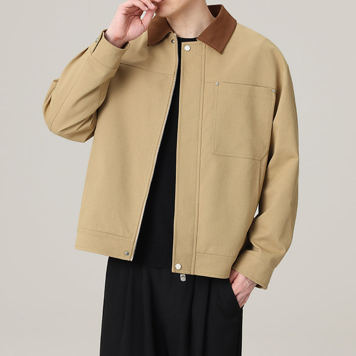 Men's short jacket in workwear look with contrast collar, concealed zipper, and chest pocket Amarae