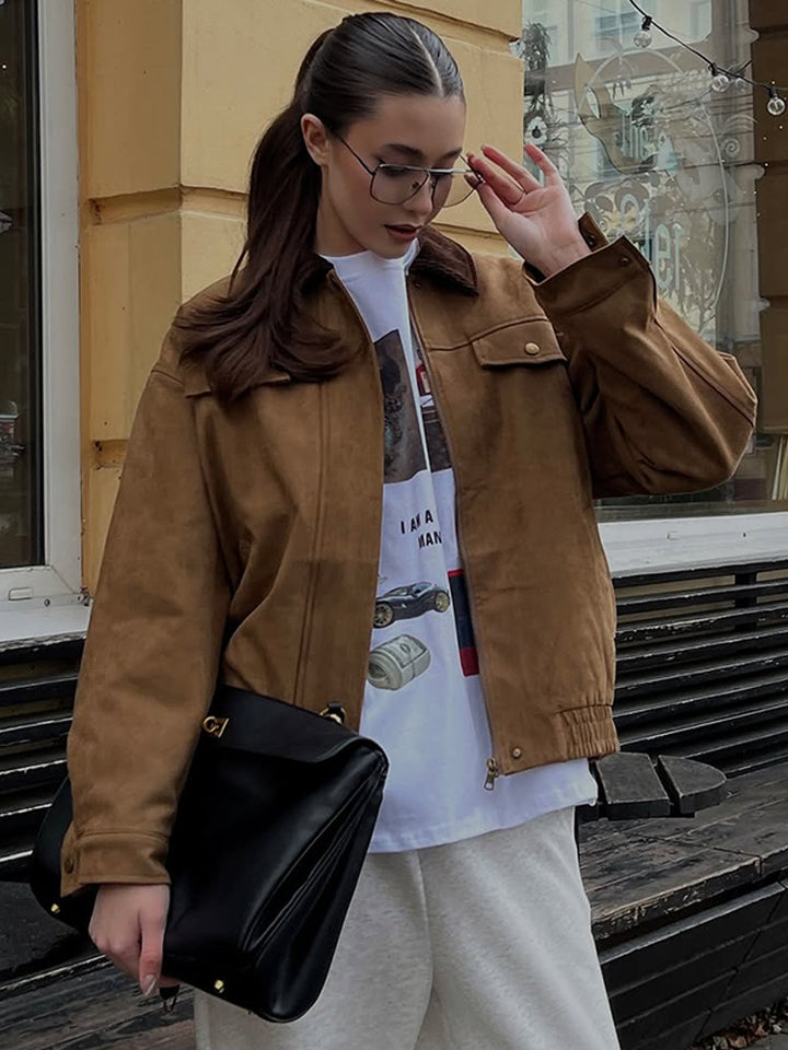 Women's Boxy Suede Blouson Jacket with Cord Collar and Teddy Lining Amarae