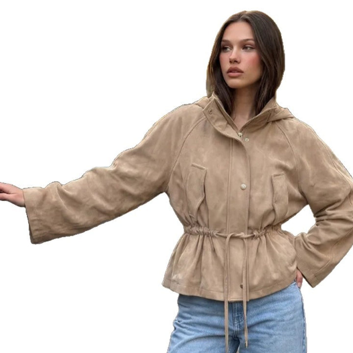Women Short Jacket in Suede Look with Hood and Waist Drawstring Amarae