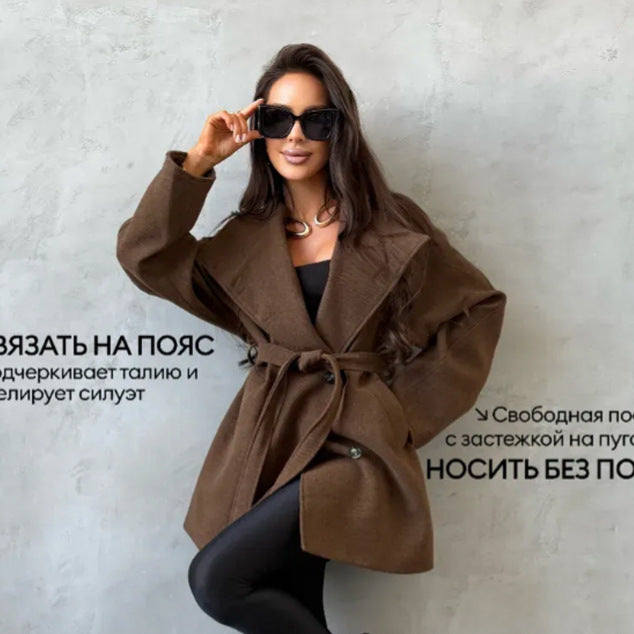 Women's short coat in cocoon cut made of wool blend with oversized shawl collar and tie belt Amarae