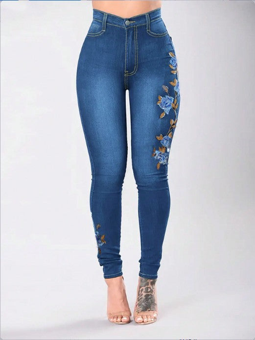 Women High-Waisted Sculpting Skinny Jeans with Side Floral Embroidery Amarae