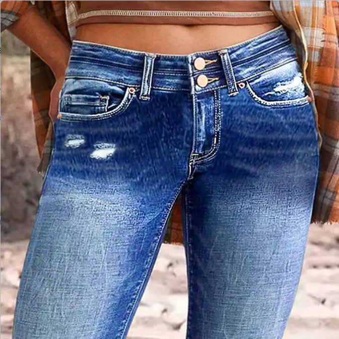Women's high-waisted Slim-Cropped Jeans with raw hem, Used-Wash and elastic comfort waistband Amarae
