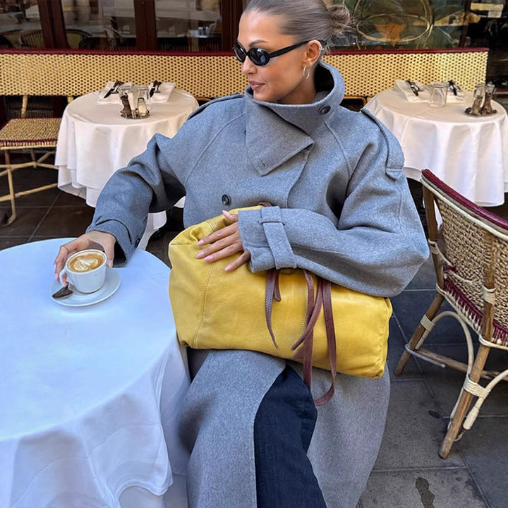 Ladies Oversize Coat made of Wool Mix with High Stand-Up Collar and Asymmetrical Button Placket Amarae